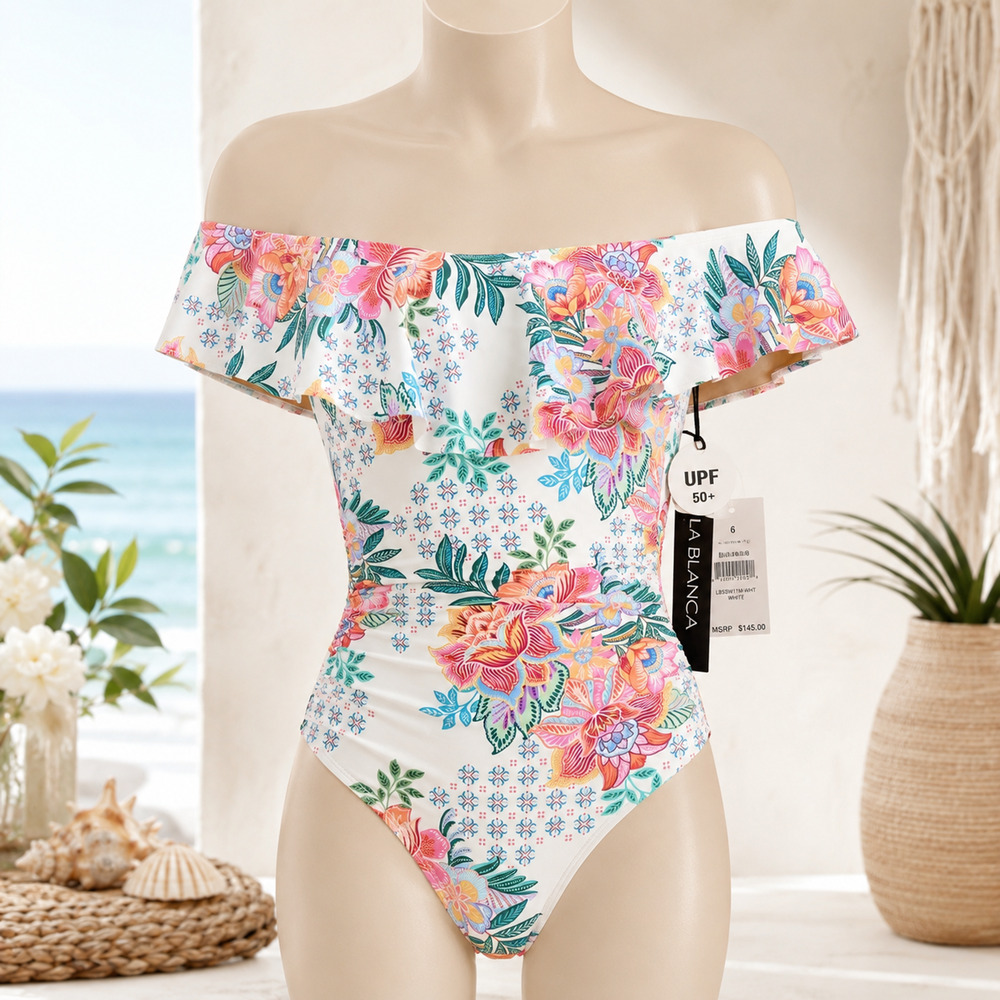 La Blanca Off Shoulder Floral One Piece Swimsuit NWT White Size 6 UPF 50+